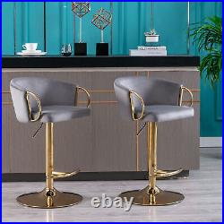 2Set Velvet Bar Stools Adjustable Height Swivel Chairs Pub Dining Barstools Gray