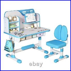 2-Piece Kids Study Desk Chair Set Adjustable Height Ergonomic Design (Blue)