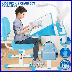 Blue Height Adjustable Kids Study Desk Chair Set BoyTable Lamp, Drawer, ChairCover