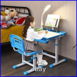 Height Adjustable Desk Chair Set For Kids Study Drawing withLamp & Bookstand Blue