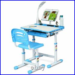 Height Adjustable Kids Desk Chair Set Study Drawing withLamp & Bookstand Blue