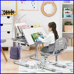 Height Adjustable Kids Desk Chair Set Study Drawing withLamp & Bookstand Gray