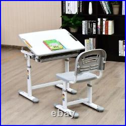 Height Adjustable Kids Study Desk & Chair Set Pull-Out Drawer Student Set Gray