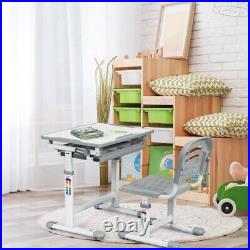 Height Adjustable Kids Study Desk & Chair Set Pull-Out Drawer Student Set Gray