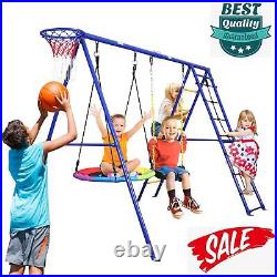 Large Swing Set Outdoor Yards for Kids, with 2 Adjustable Height Seat, Basket Hoop