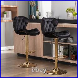 Set of 2 Bar Stools Chrome Base, Swivel, Adjustable Height, Velvet