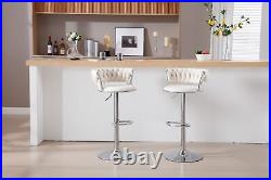 Set of 2 Bar Stools Chrome Footrest, Swivel, Adjustable Height, Velvet