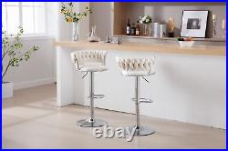 Set of 2 Bar Stools Chrome Footrest, Swivel, Adjustable Height, Velvet