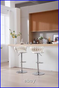 Set of 2 Bar Stools Chrome Footrest, Swivel, Adjustable Height, Velvet