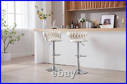 Set of 2 Bar Stools Chrome Footrest, Swivel, Adjustable Height, Velvet