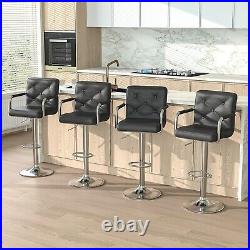 Set of 4 Bar Stools Adjustable Counter Height withBack Arms Swivel Leather Chairs